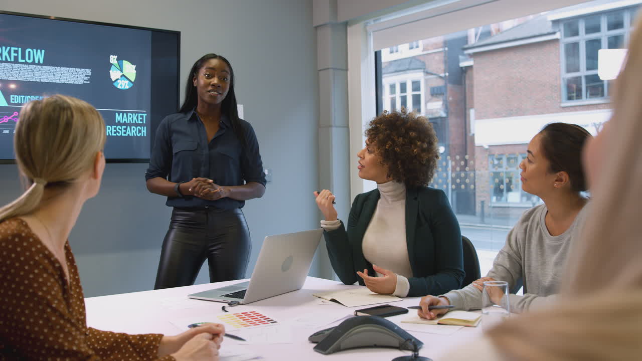 Young Businesswoman Leading Creative Meeting Of Women Collaborating Around Table In Modern Office