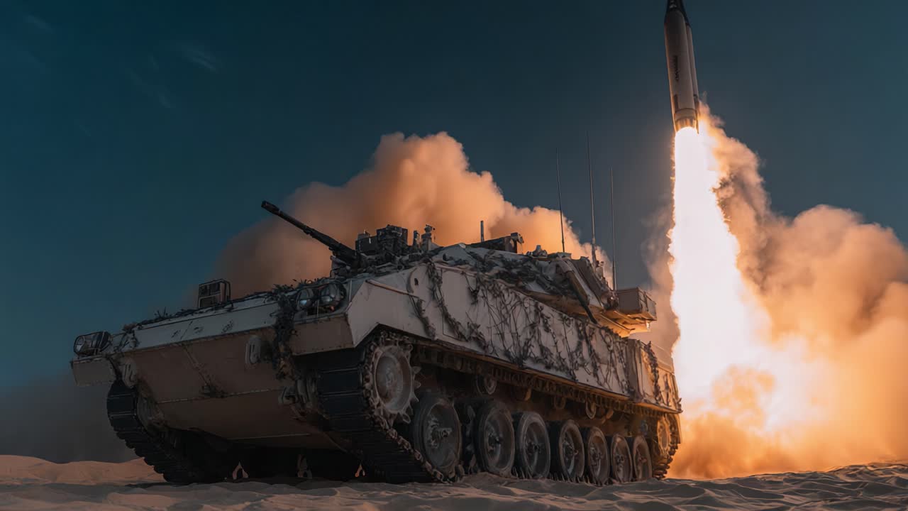 En dynamisk scen som visar ett militärfordon som avfyrar en missil mitt i ett dramatiskt rökmoln, vilket belyser kraften och precisionen i modern krigsteknologi.