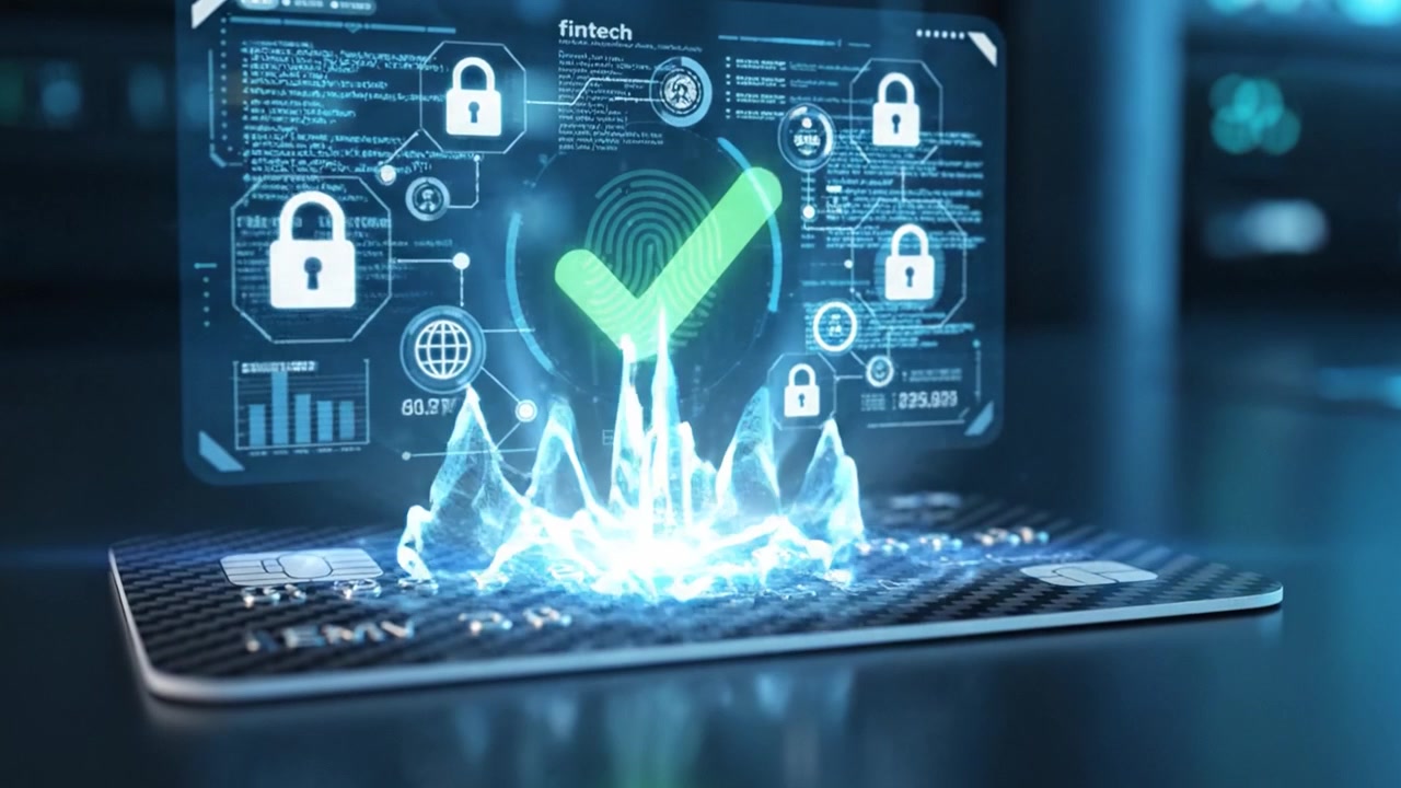 Exploring the Future of Fintech: A Modern Credit Card Interface with Advanced Security Features and Digital Authentication Elements in a High-Tech Environment