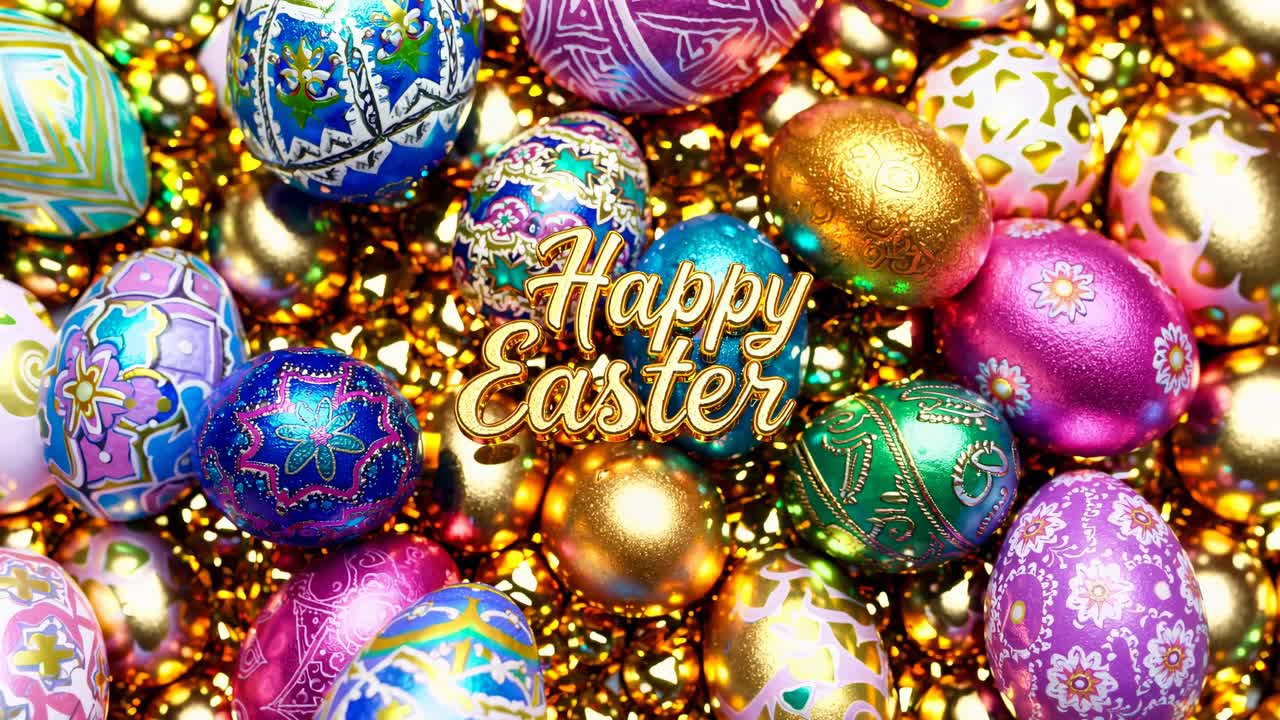 Ripresa video dall'alto di uova di Pasqua colorate e decorate con motivi complessi e sfere dorate