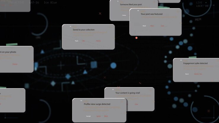 Incoming alert cards entering edges, stacking and overlapping, pulsing helix signaling dashboard