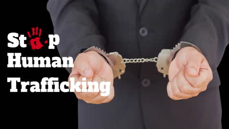 animation of stop human trafficking text over caucasian man with handcuffs