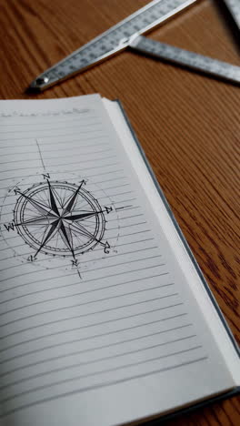 compass drawing in a notebook with ruler