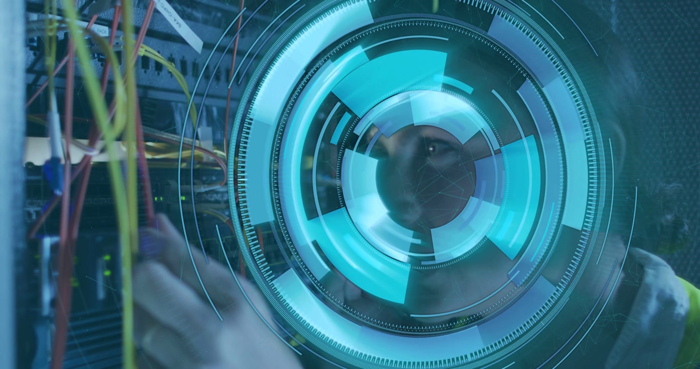 Female tech fixing network cables on phone causing blue HUD binary rings masking face, testing
