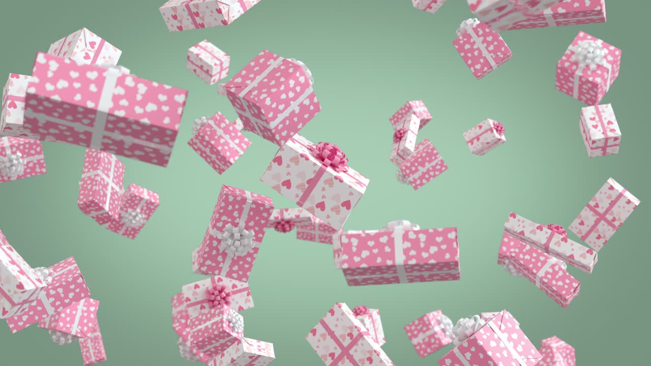 Regali di San Valentino rosa tenue che cadono su sfondo color pistacchio