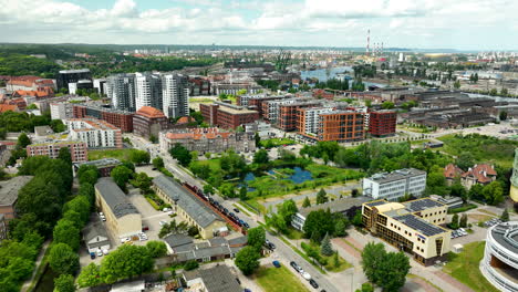 fotografía aérea de gdańsk, que destaca una mezcla dinámica de edificios modernos e históricos, espacios verdes e infraestructura urbana en una bulliciosa ciudad europea