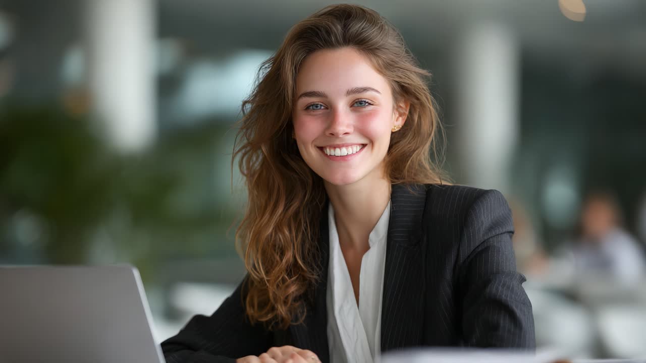 Professionista in abbigliamento da lavoro che sorride con sicurezza al laptop in un moderno ambiente d'ufficio, irradiando positività e successo