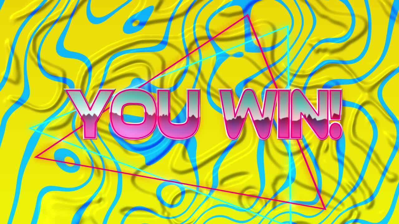 Animatie van de woorden 'Je hebt gewonnen!' met kleurrijke neon driehoeken boven een blauwe en gele vloeibare achtergrond