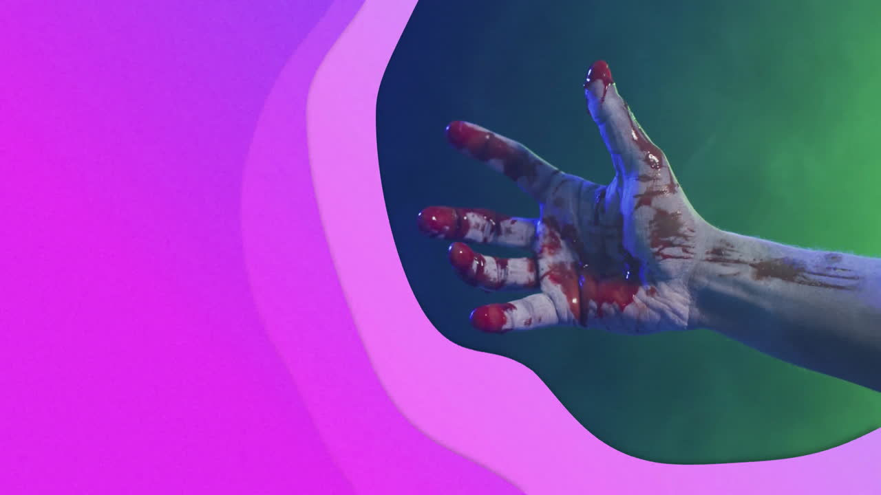 Reaching out, bloody hand over colorful abstract shapes animation