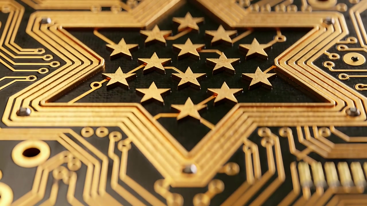 Pulling back camera, focusing across gold circuit board in studio revealing star cluster for detail