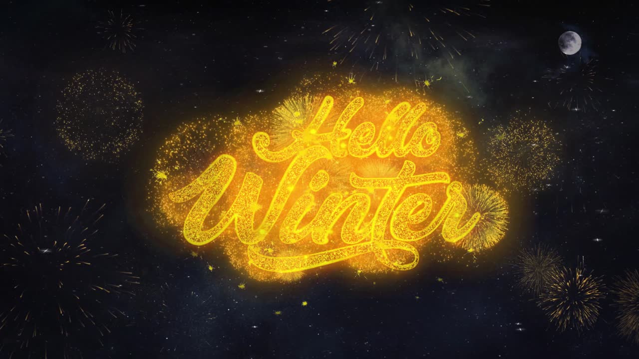 Rivelazione tipografica del testo "Benvenuto inverno" da particelle di fuochi d'artificio dorati nel cielo notturno, sfondo 4K