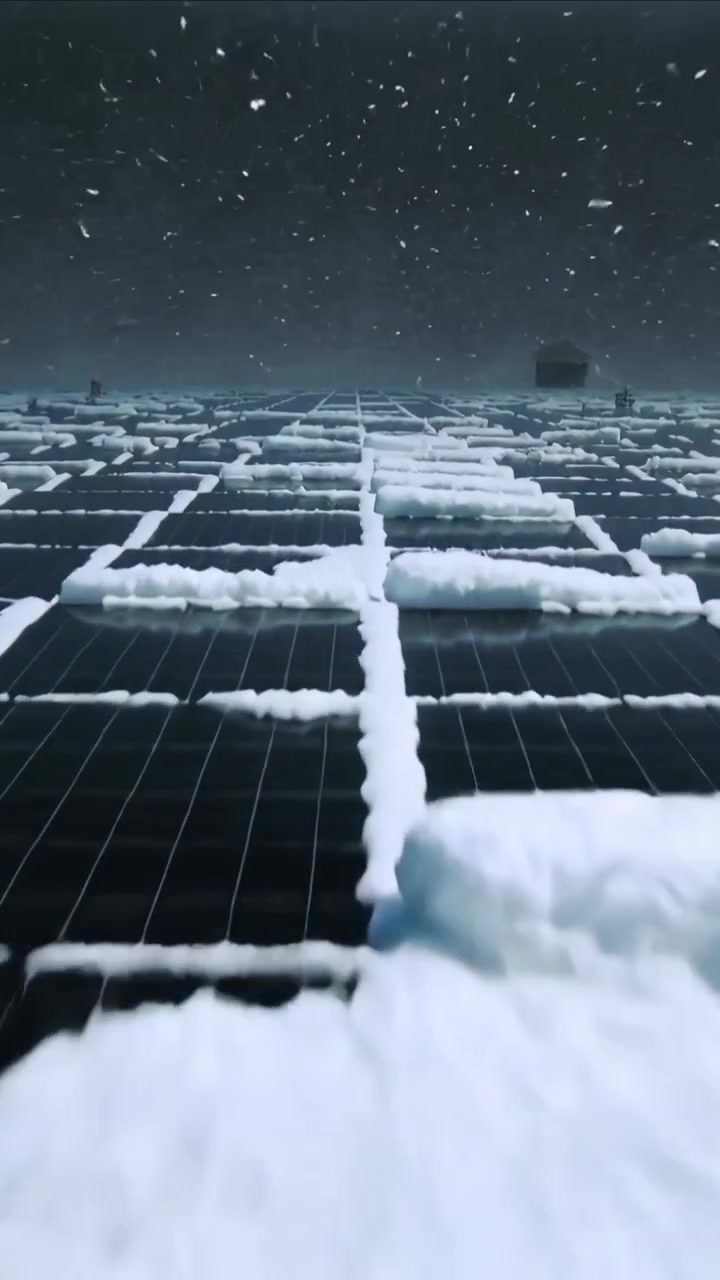 Video verticale: Telecamera che avanza rivelando un impianto fotovoltaico, mostrando creste di giunzione, cumuli di neve e nevicata.