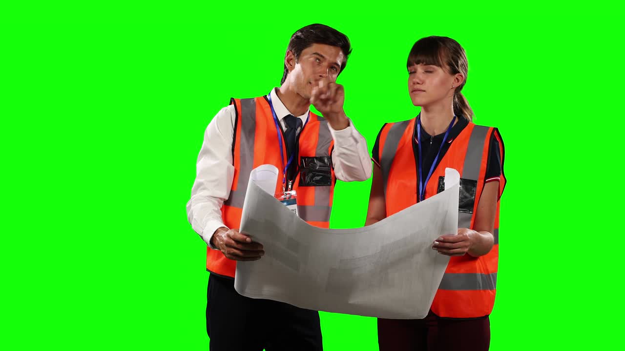 사이트 직원 들 이 녹색 스크린 을 가진 사이트 지도 를 보고 있는 전면 전망