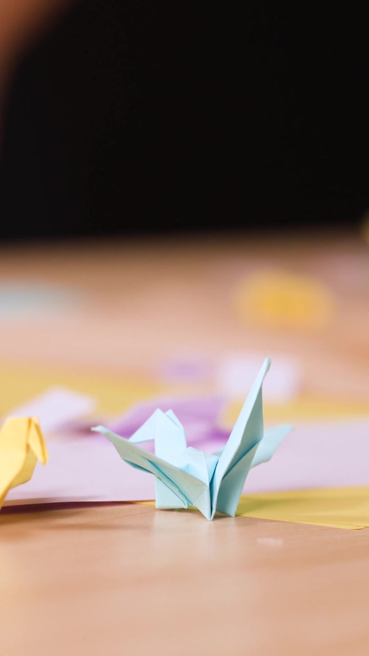 A vertical shot showing hands carefully placing a pink paper crane among colorful origami birds.