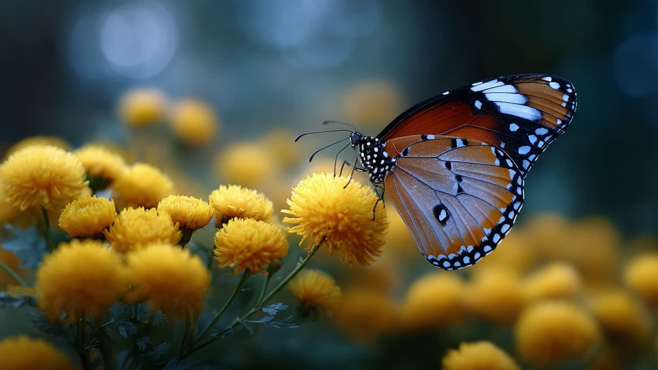 A Captivating Scene of a Monarch Butterfly Delicately Resting on Bright Yellow Flowers, Showcasing Nature's Beauty and Colorful Harmony in the Wild