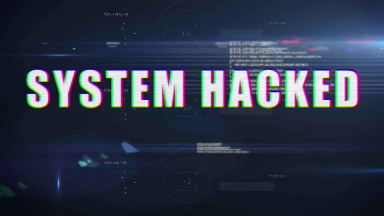 Animation of white text, system hacked, with data processing and lights, on black