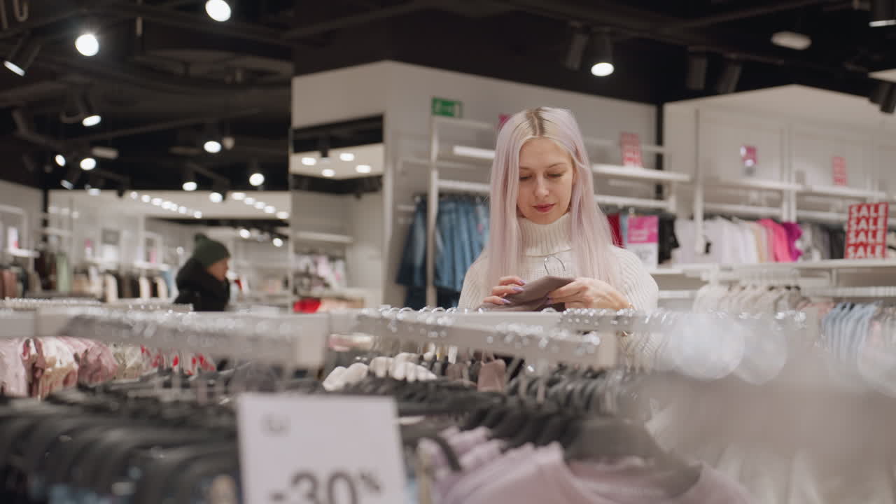Expectant mother holds brown fleece sweater from rack in bright boutique, admiring fabric softness under warm lights while shoppers browse racks in spacious stylish retail environment