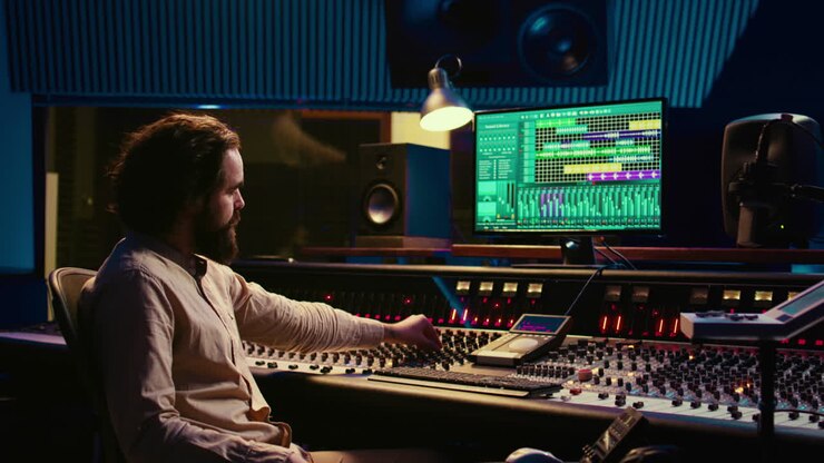 Tracking engineer used audio mixer in professional recording studio