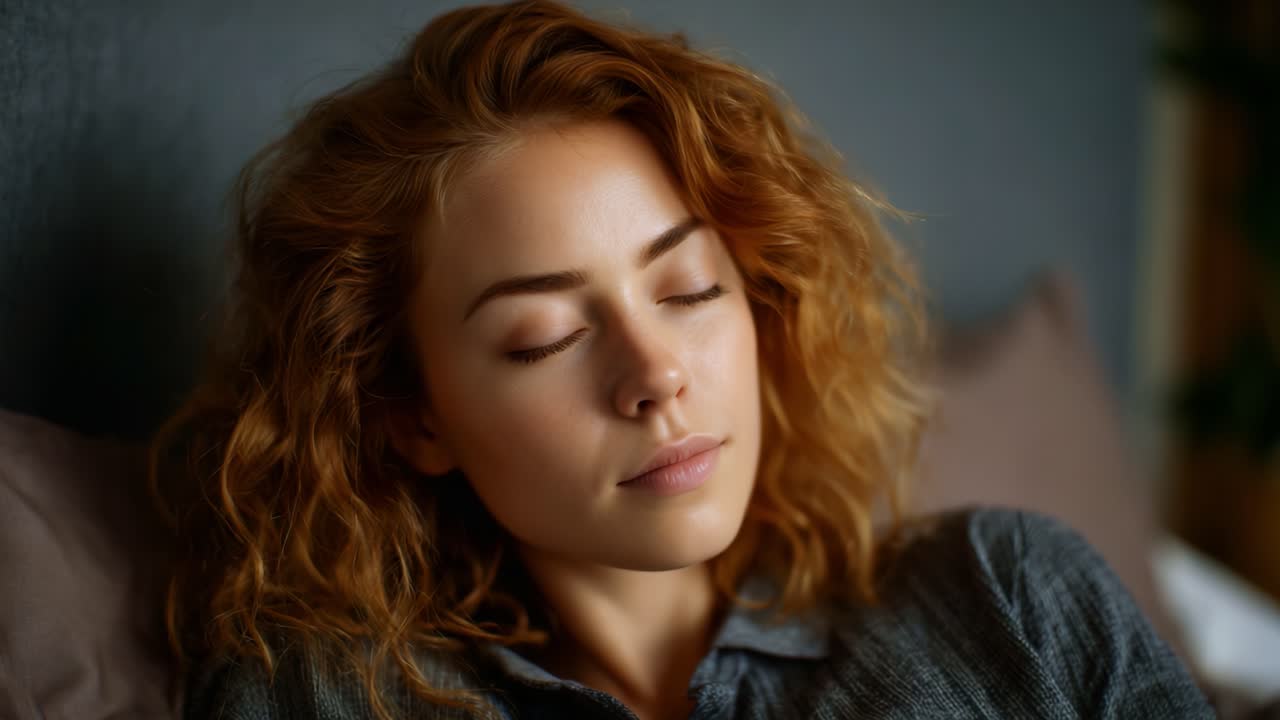 A serene moment capturing a young woman with curly hair peacefully resting on a bed, eyes closed in relaxation, surrounded by a calming atmosphere