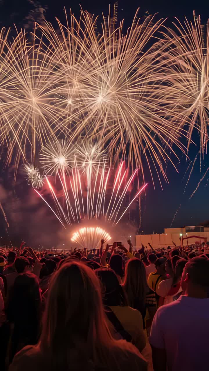 Vertical video: Igniting fan rockets sending golden and red bursts over park, with phones filming