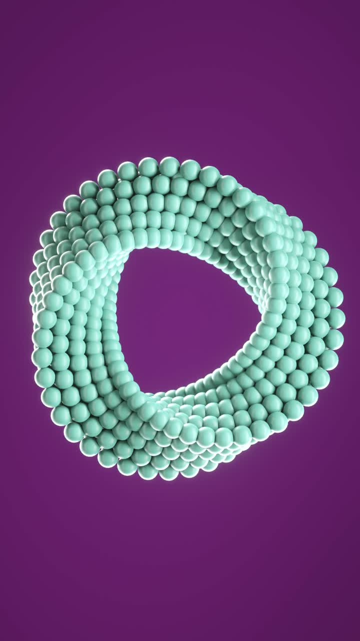 3D loop animation of spinning balls molded into uneven circle. Vertical background