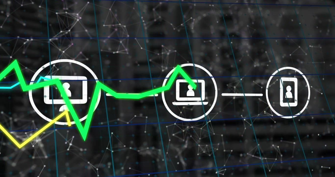 Animazione di linee verdi e gialle, icone ed elaborazione dati.
