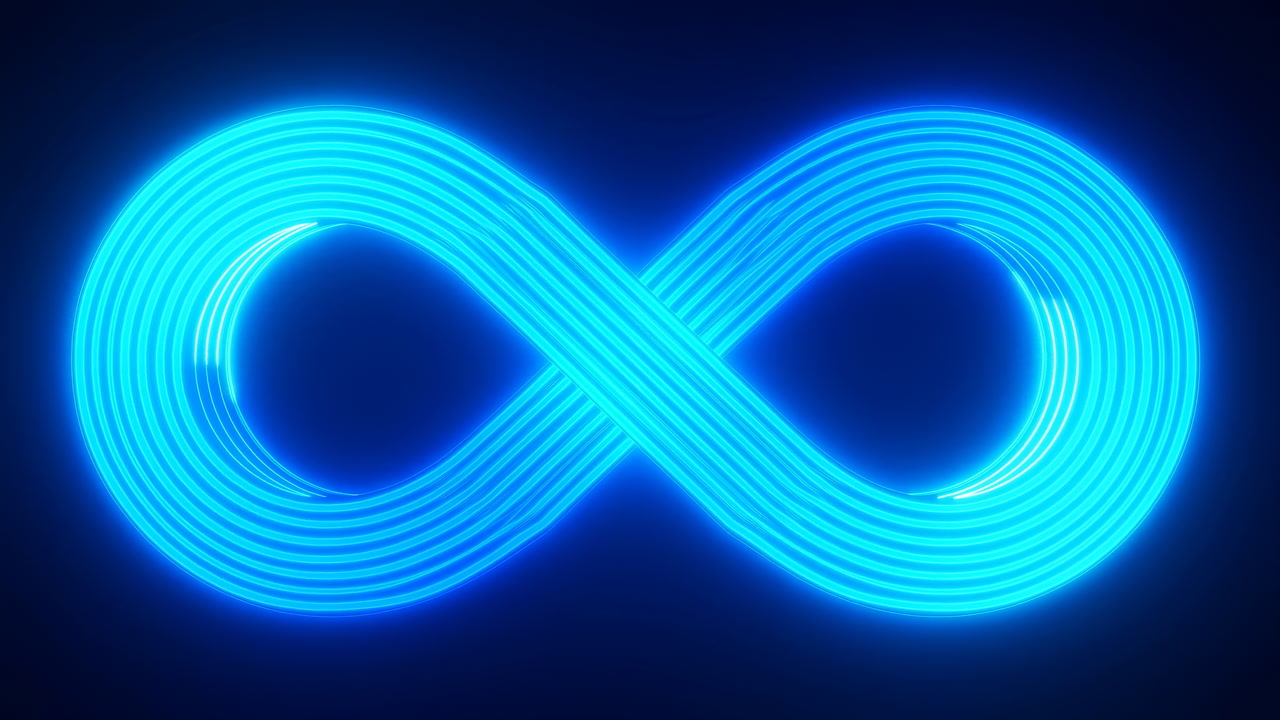 Blue Neon Infinity Loop Glowing On Black Surface, Continuous Luminous Ribbon Forming Symbol Of Endless Motion,