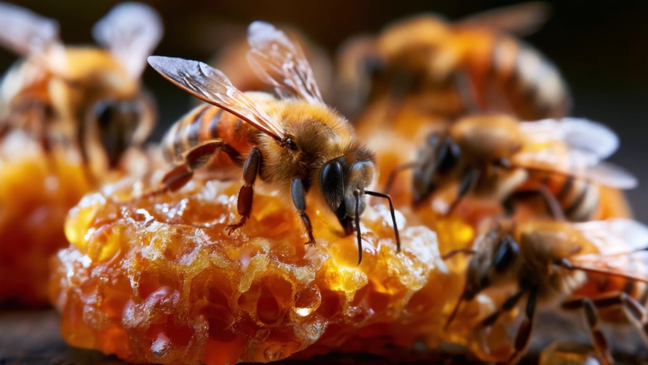 Un'Analisi Ravvicinata di Api Mellifere che Raccolgono Nettare da un Favo, Mostrando la Loro Operosità e la Dolcezza Dorata del Miele.