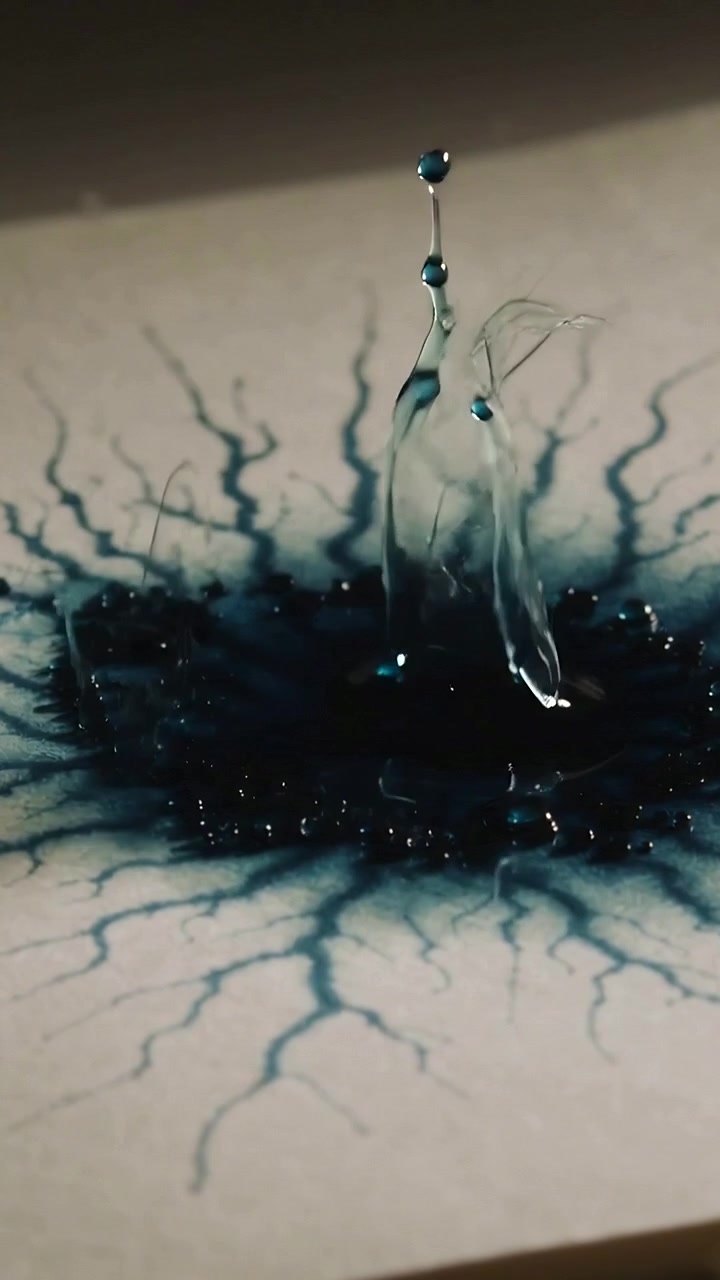 Video verticale: Goccia color verde acqua che atterra e si espande sulla carta, ritirandosi e formando filamenti e goccioline