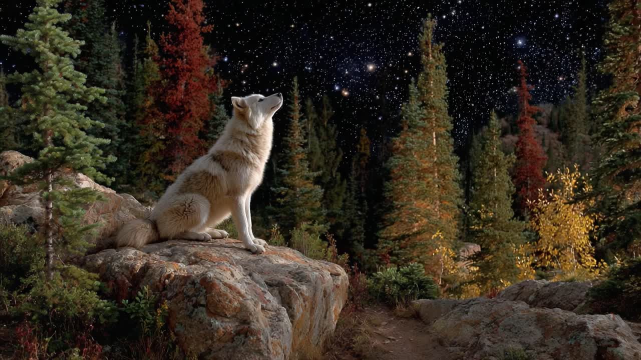 A Majestic Wolf Gazes Upward at a Starry Sky, Surrounded by Vibrant Autumn Trees and Rocky Terrain, Capturing the Serenity of Nature's Beauty