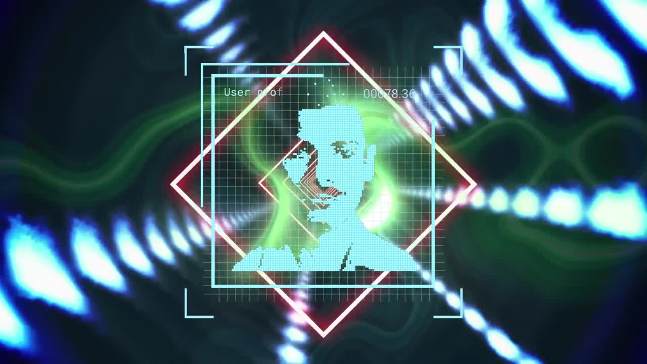 animación de luces y retrato digital sobre fondo oscuro