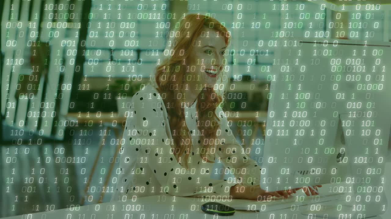 Mid adult woman clicking mouse, initiating data analysis in tech, binary overlay growing on monitor