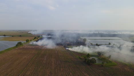 aerial footage sliding to the left revealing a burning farmland and pools of water reverved for the summer, grassland burning, pak pli, nakhon nayok, thailand