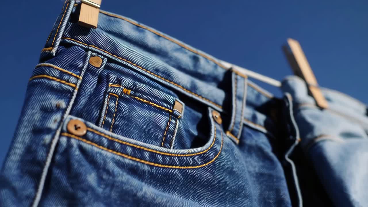 Close-up video of blue jeans hanging on a clothesline against a clear sky