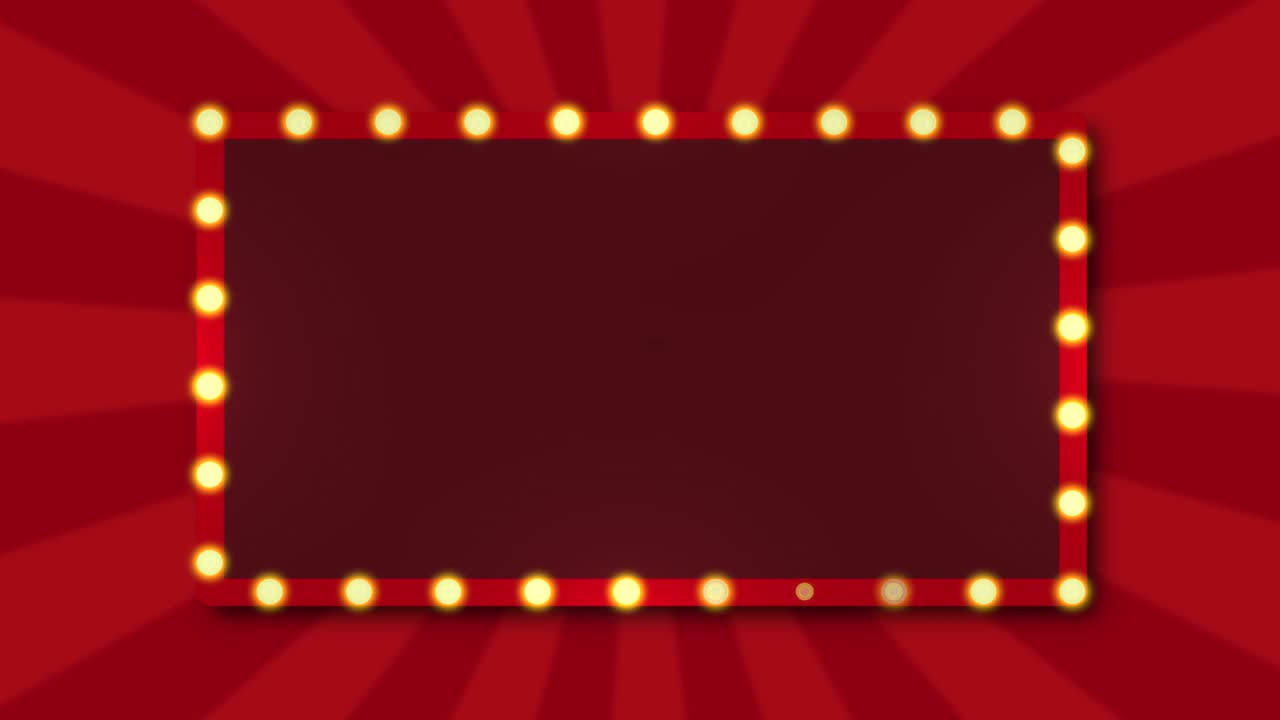 marco de bombillas de neón en fondo de gradiente rojo con haz de sol giratorio.