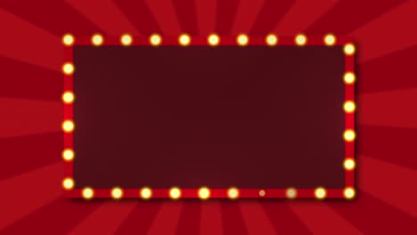 neon light bulbs frame on red gradient background with rotating sunbeam.