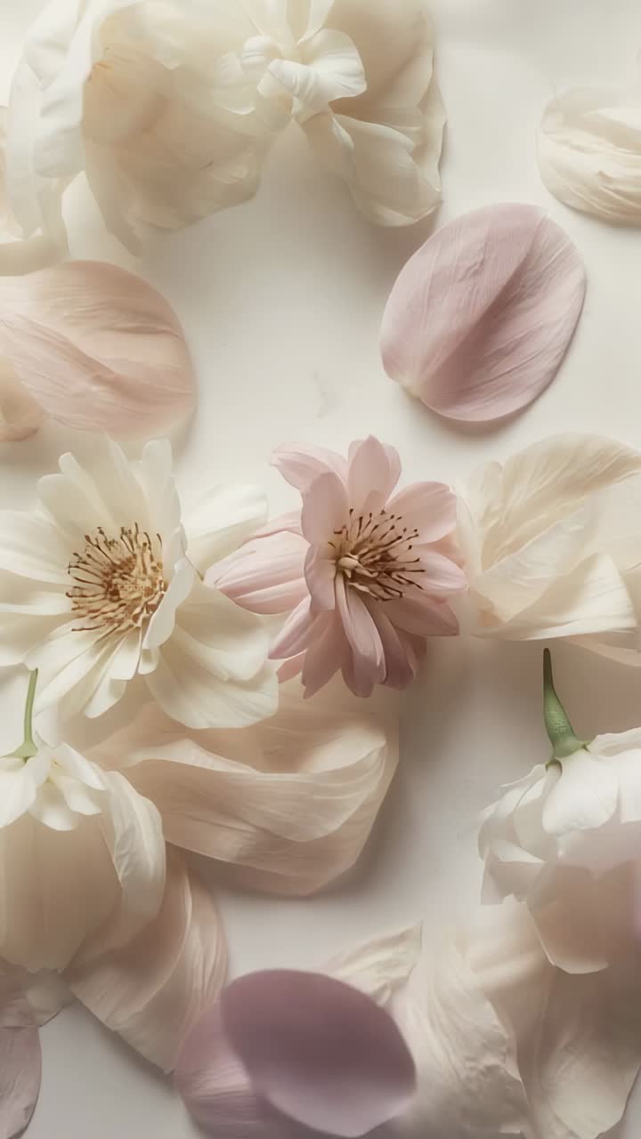 Video verticale: Petali che fluttuano cadendo dall'alto, nascondendo parzialmente fiori rosa-bianchi su una superficie chiara.