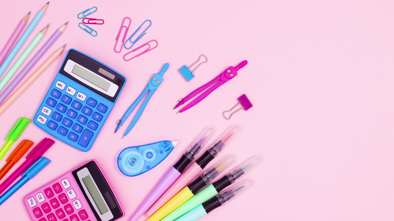 Pastel back to school accessories move  on left side of pastel pink theme. Stop motion