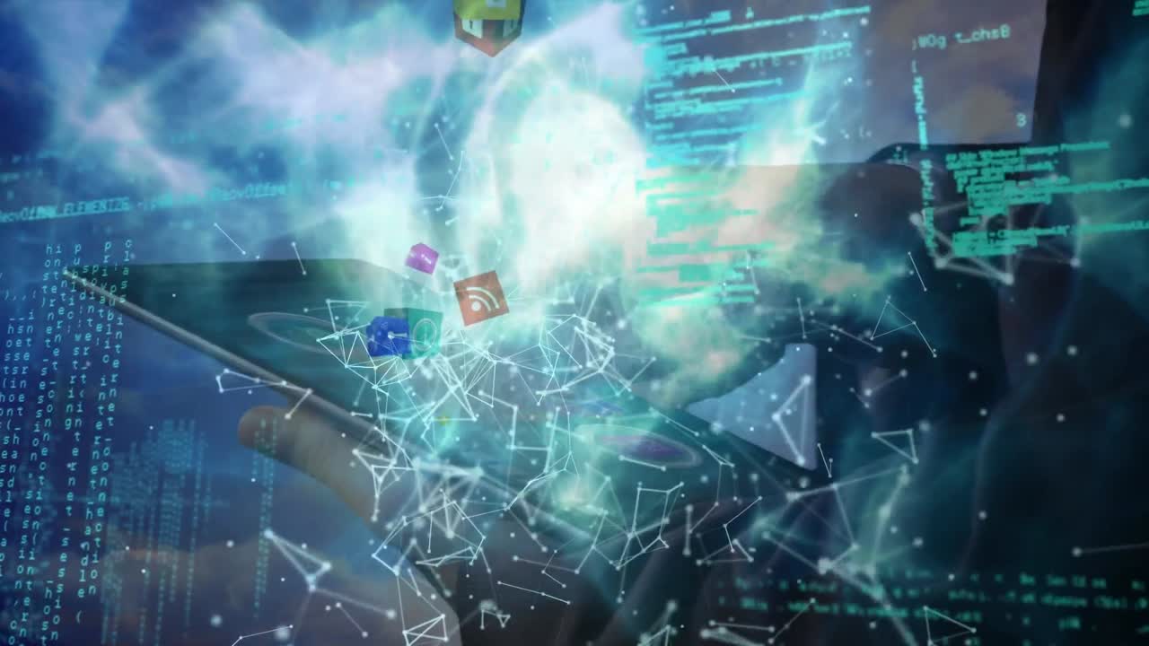 연결, 데이터 및 기술 아이콘의 애니메이션 태블릿을 사용하는 백인 남자의 손