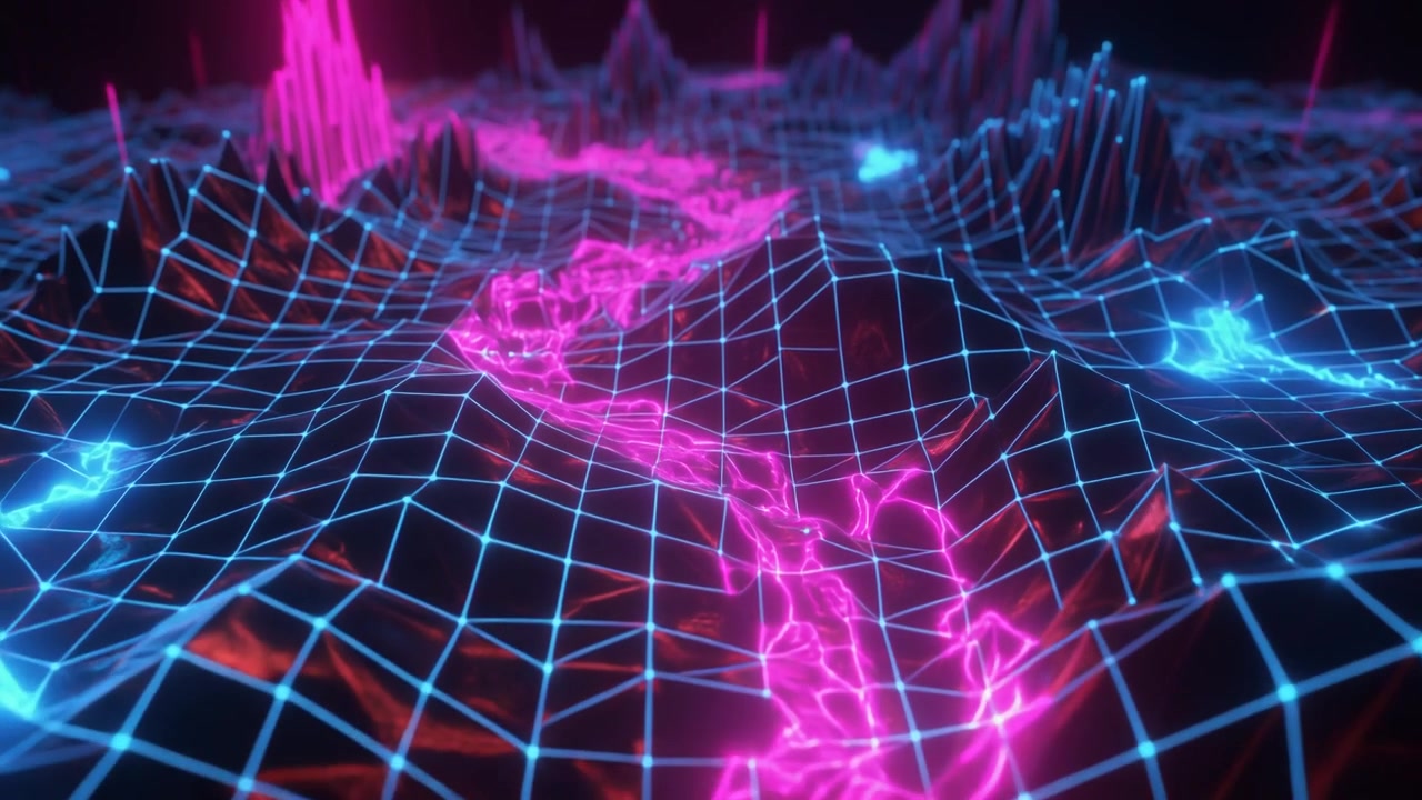 Abstract Digital Landscape with Glowing Neon Grid and Energy Flow