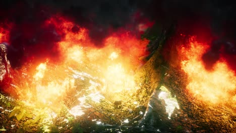 wind blowing on a flaming trees during a forest fire