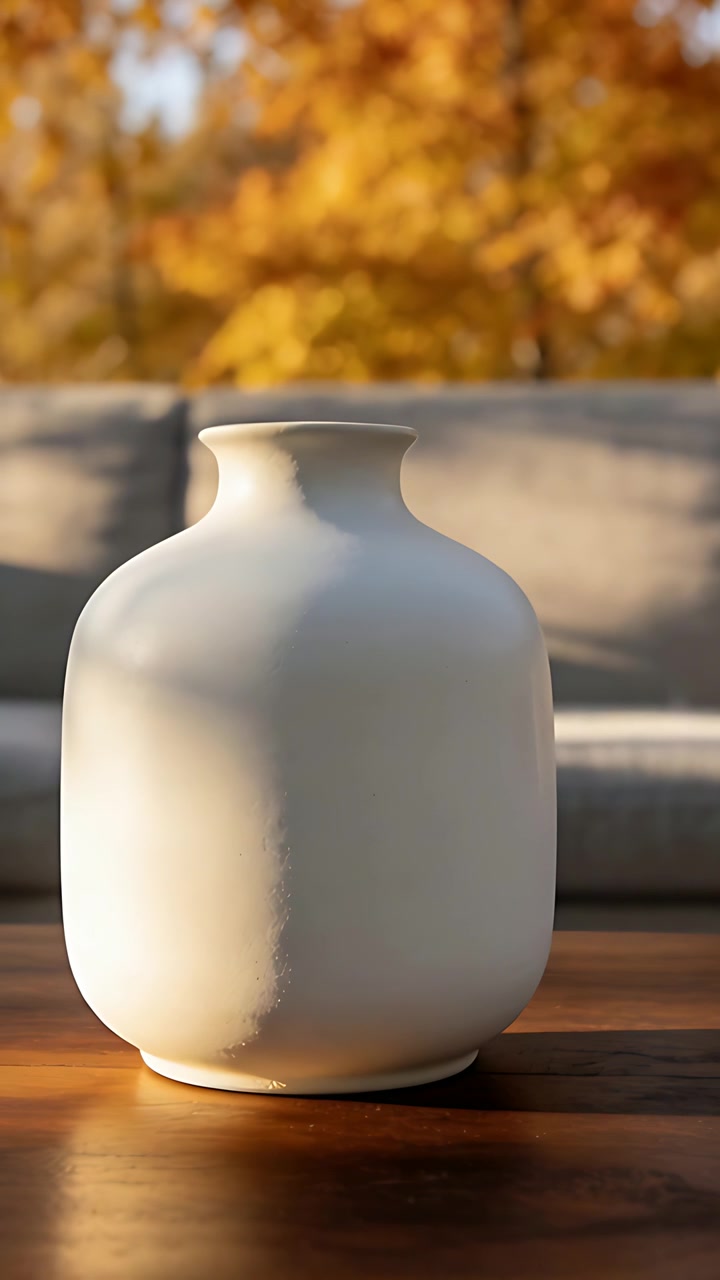 Vidéo verticale : Zoom de la caméra révélant un vase blanc sur une table en bois, mettant en valeur sa forme et des feuilles d'automne.