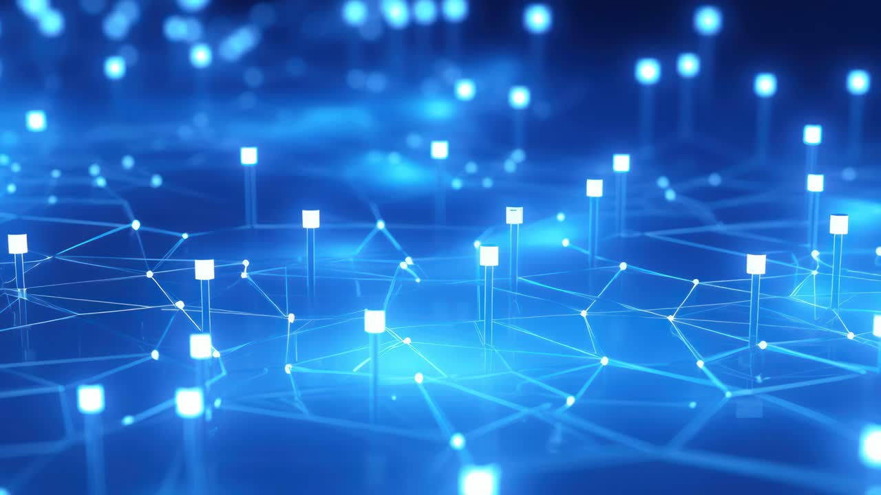 Aerial view of a glowing blue network, illustrating digital connectivity