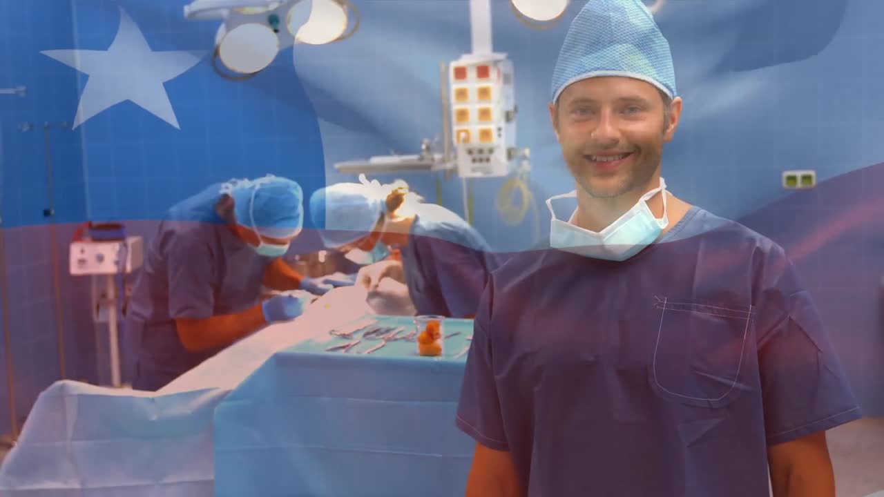 Animation of flag of chile waving over surgeons in operating theatre