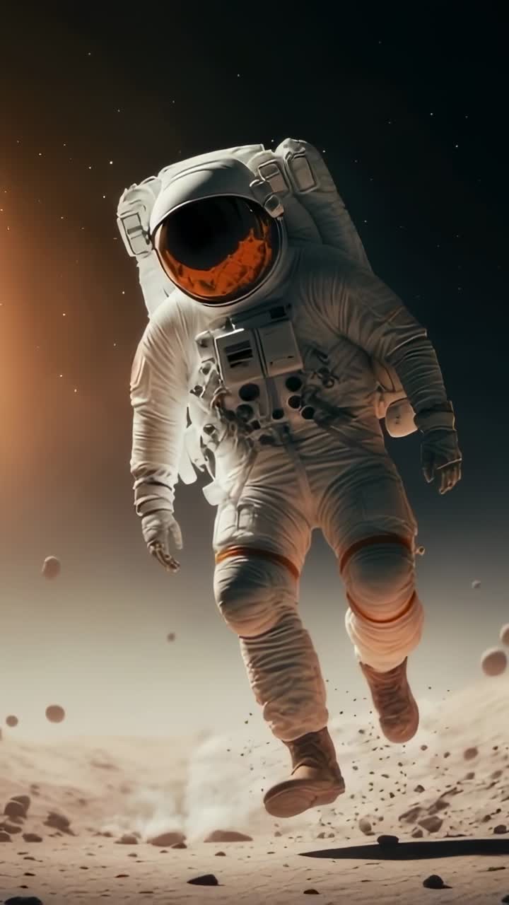 Vertical video: Starting step, astronaut walking rocky terrain in EVA suit exploring, swirling dust