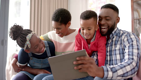 Happy-african-american-parents,-son-and-daughter-taking-selfie-at-home,-slow-motion