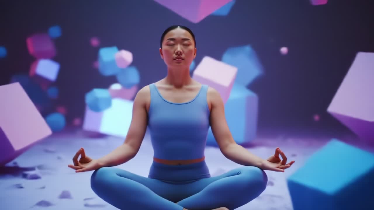 A tranquil moment of meditation captured in a vivid, artistic setting showcasing calming colors and geometric shapes that enhance the peaceful atmosphere