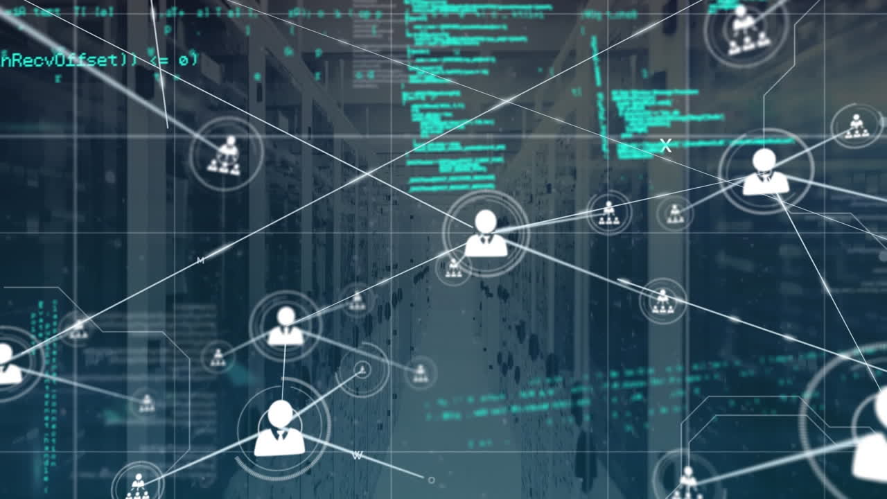 Animation of computer language and connected icons over server rack in background