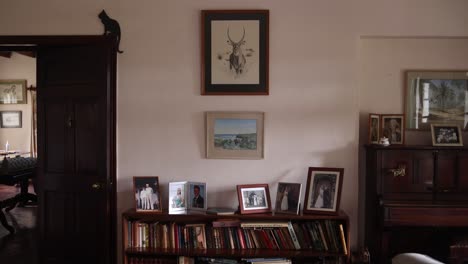 a statue cat perches on a door in a cozy room filled with framed photos and warm decor at a tea farm in kenya