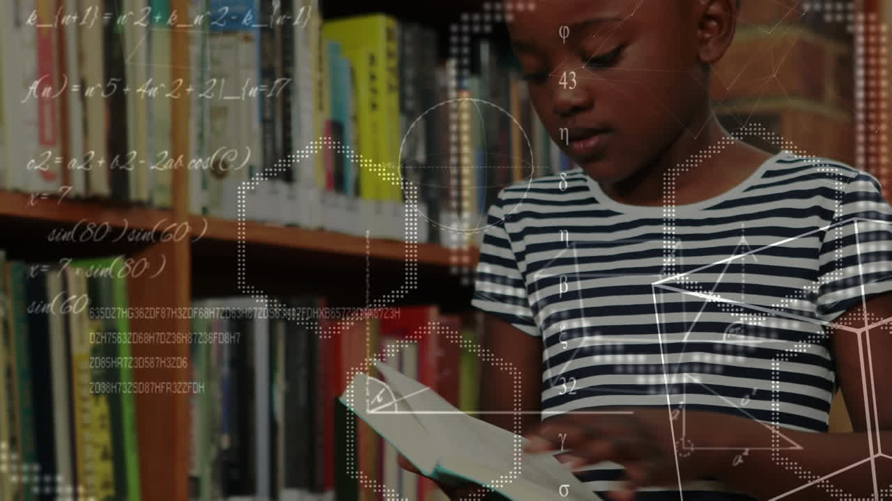 Geometrical shapes and mathematical equations against african american girl reading book at library
